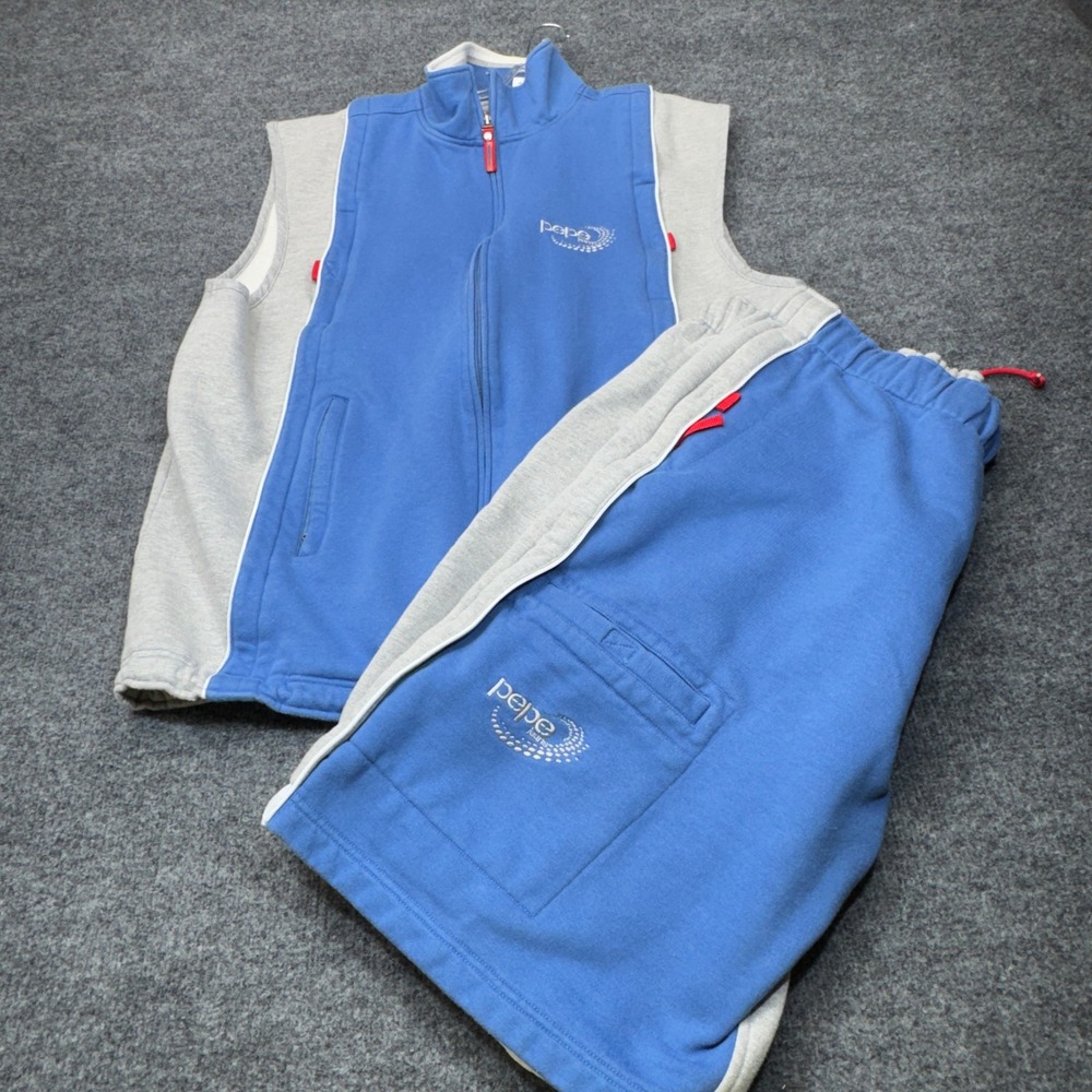 Pepe Jeans Tracksuit Mens XL Blue Sweat Vest Shorts Fleece Set 2-Piece Y2K